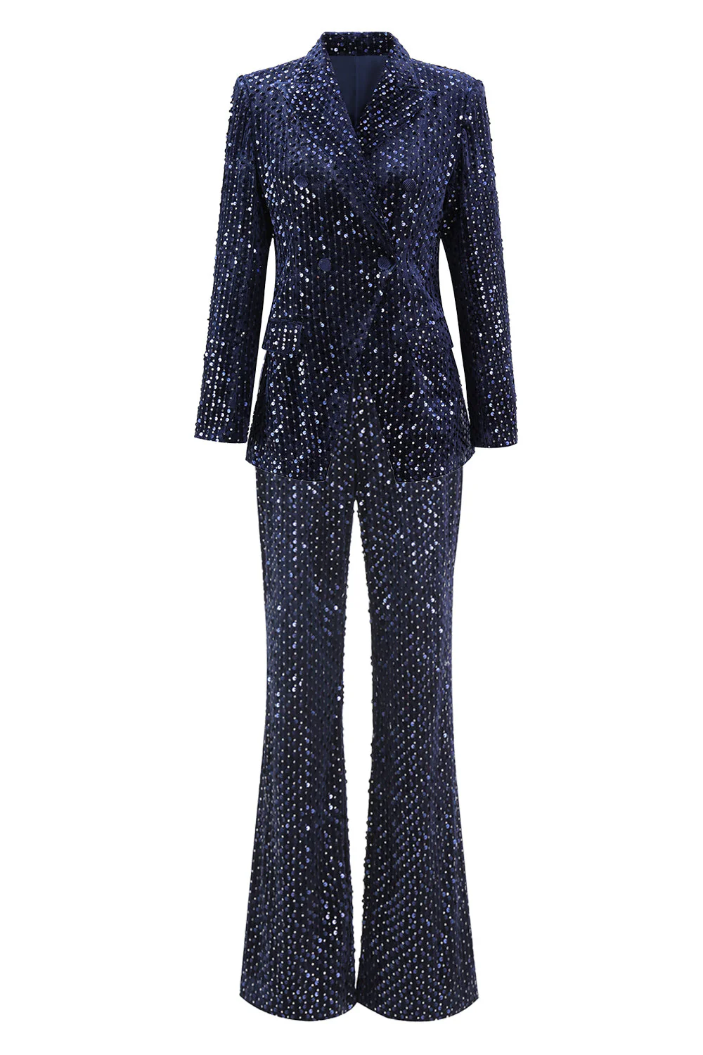 2 pièces à paillettes à revers double boutonnage bleu marine costume de bal pour femmes