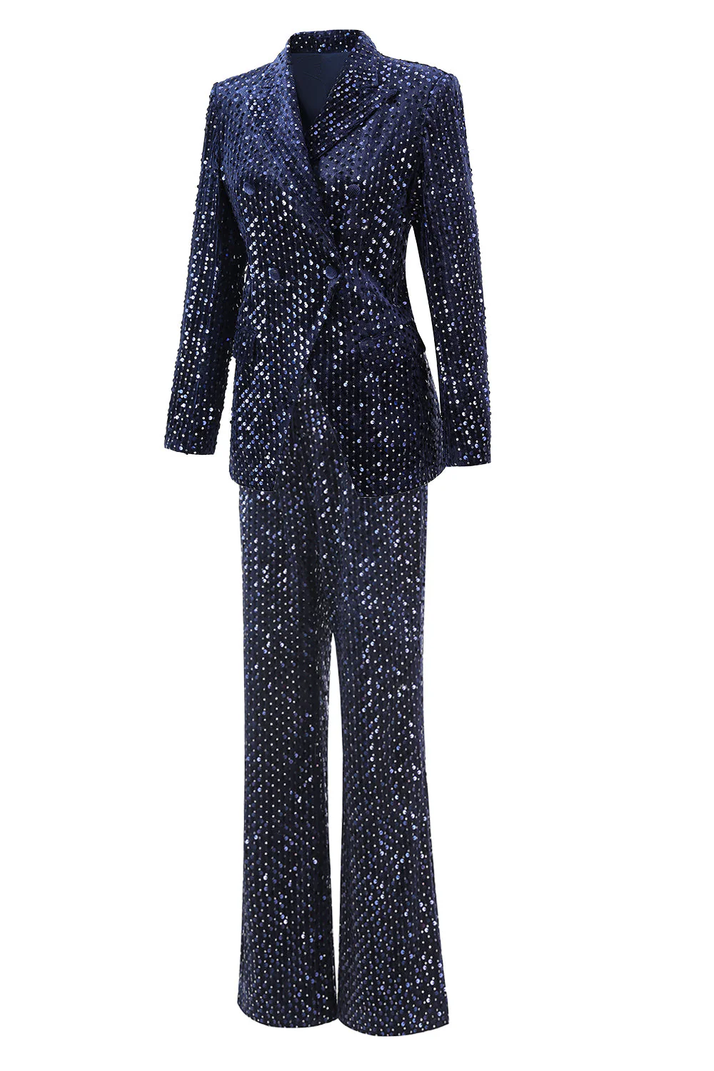 2 pièces à paillettes à revers double boutonnage bleu marine costume de bal pour femmes - Image 3