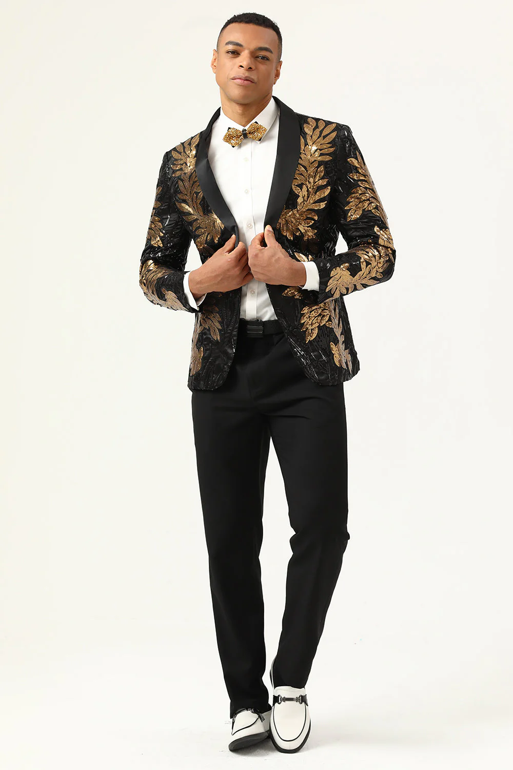2 pièces noir et or Jacquard Paillettes Costumes de bal pour hommes - Image 3