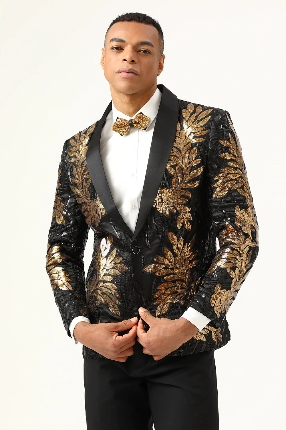 2 pièces noir et or Jacquard Paillettes Costumes de bal pour hommes - Image 6