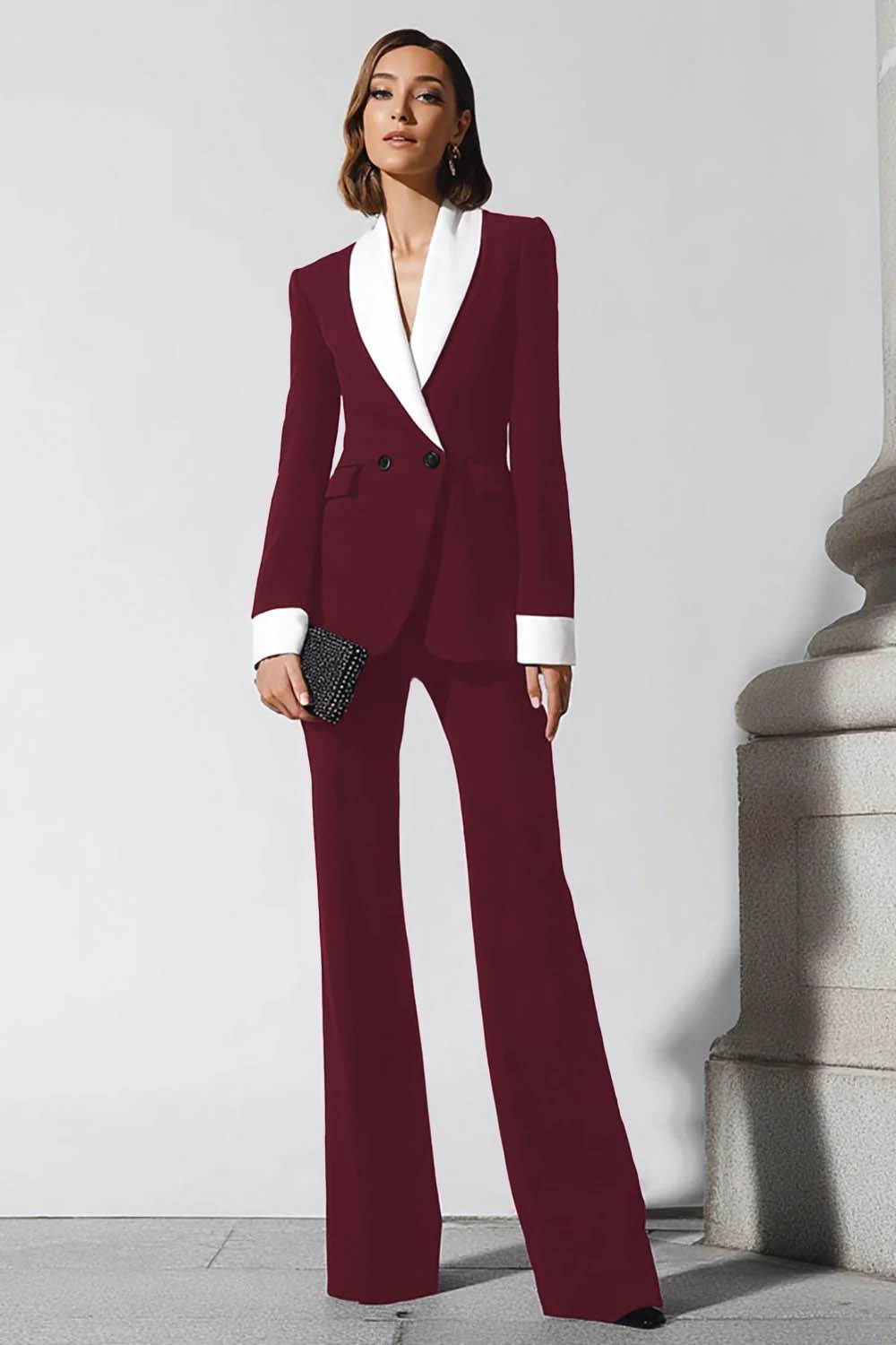 Costume femme d'affaires 2 pièces noir à col châle avec pantalon à revers et jupe évasée - Image 3