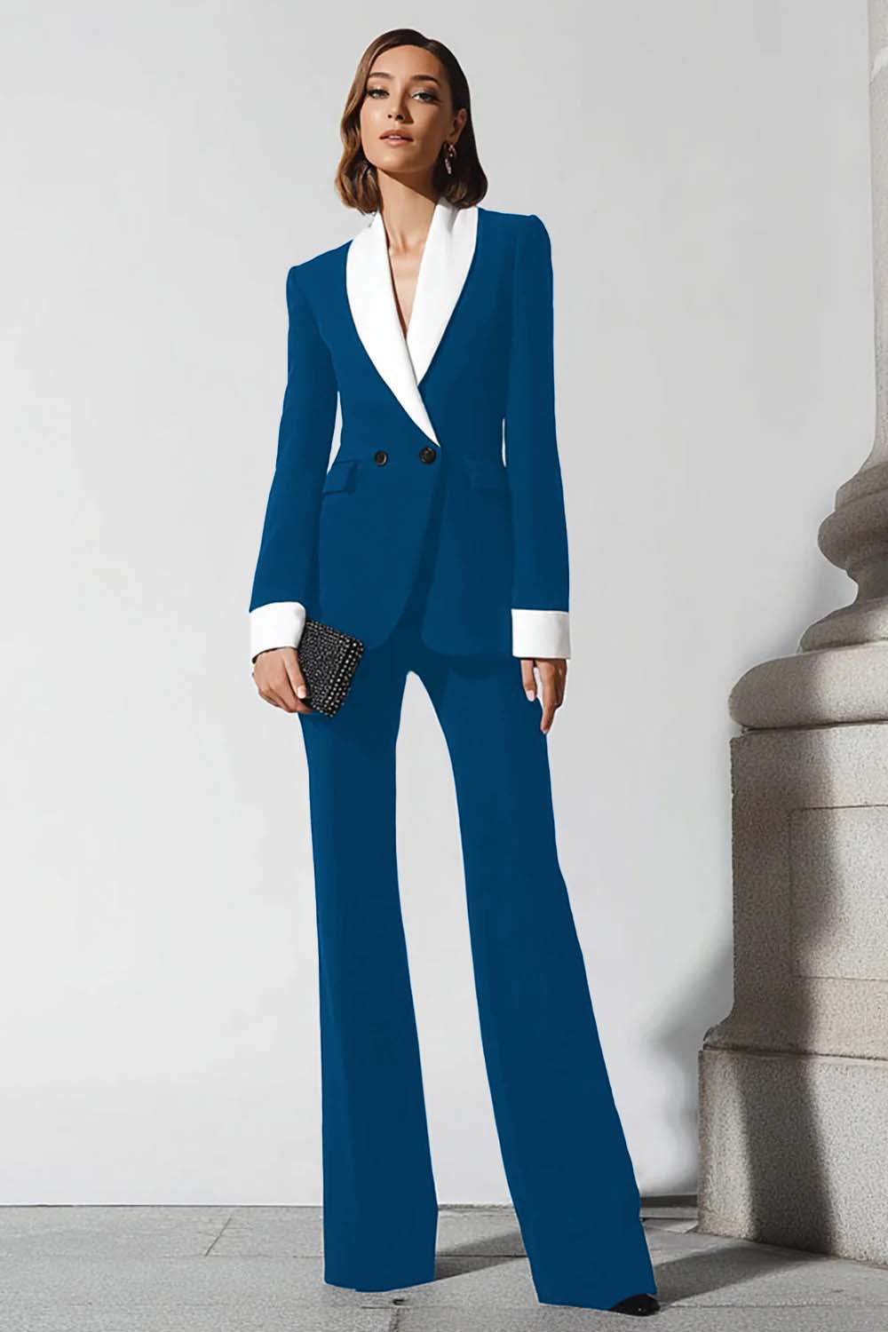 Costume femme d'affaires 2 pièces noir à col châle avec pantalon à revers et jupe évasée - Image 7