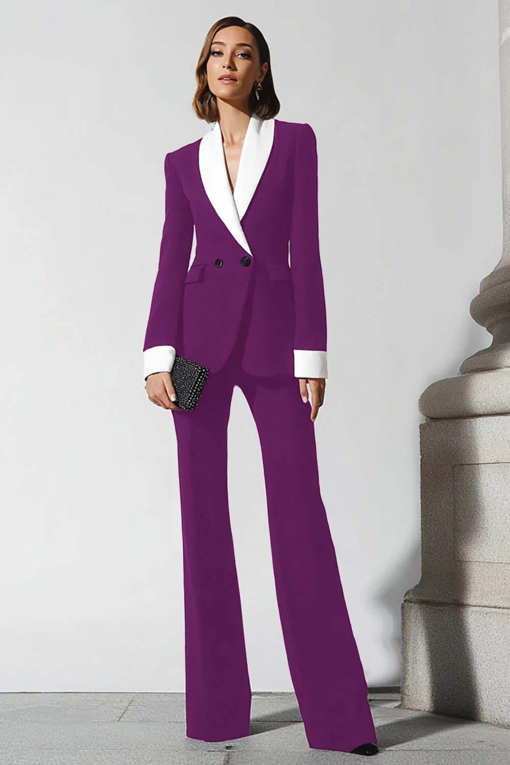 Costume femme d'affaires 2 pièces noir à col châle avec pantalon à revers et jupe évasée - Image 8