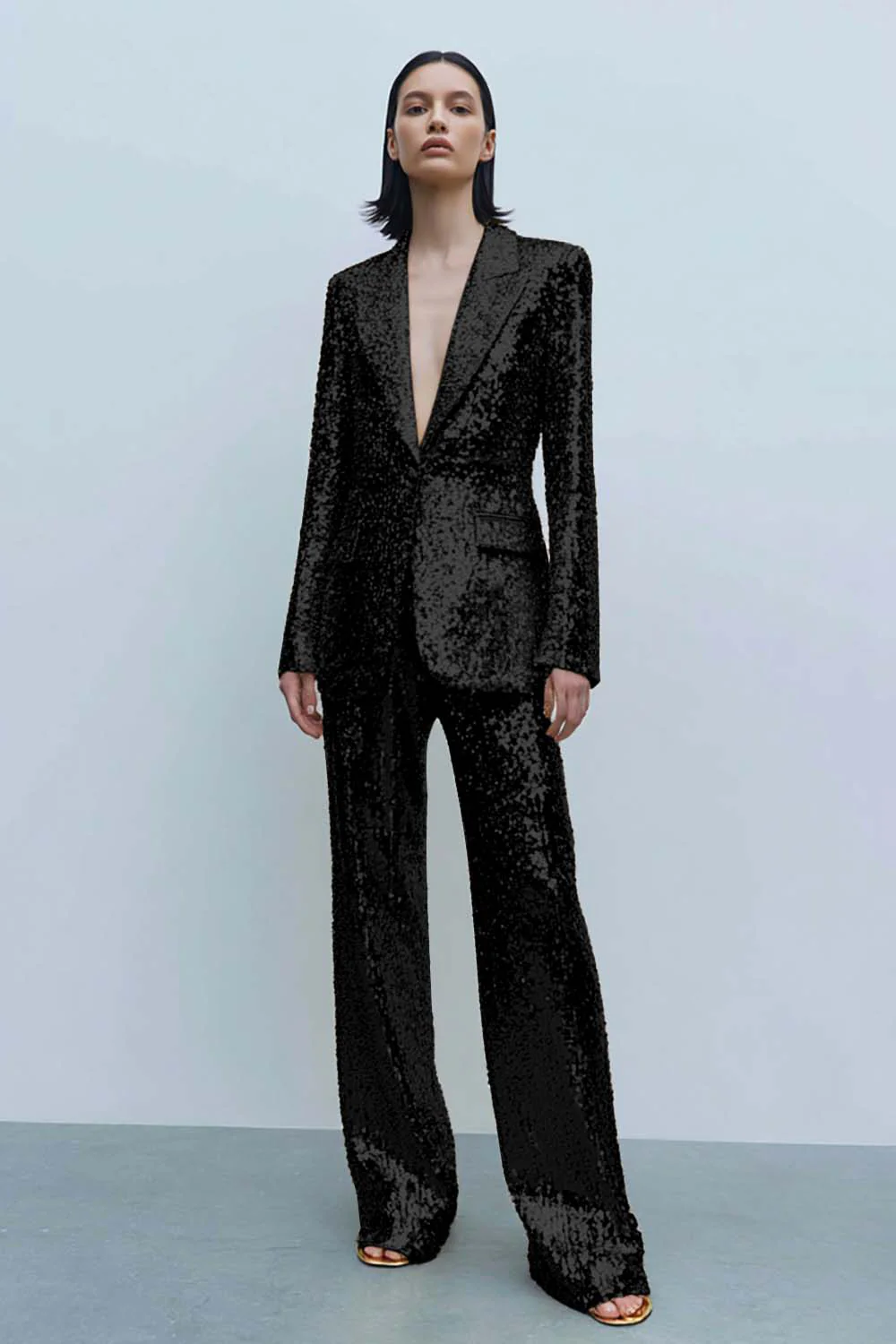 Costume de bal pour femme 2 pièces à paillettes dorées scintillantes avec poches - Image 3