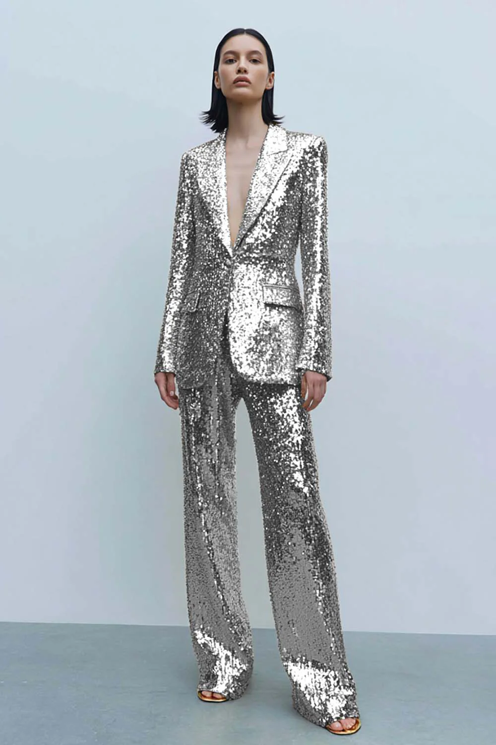 Costume de bal pour femme 2 pièces à paillettes dorées scintillantes avec poches - Image 7