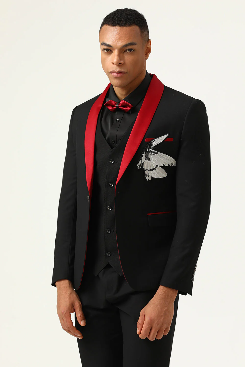 3 pièces Black Red Shawl Lapel Men’s Prom Suits - Image 3
