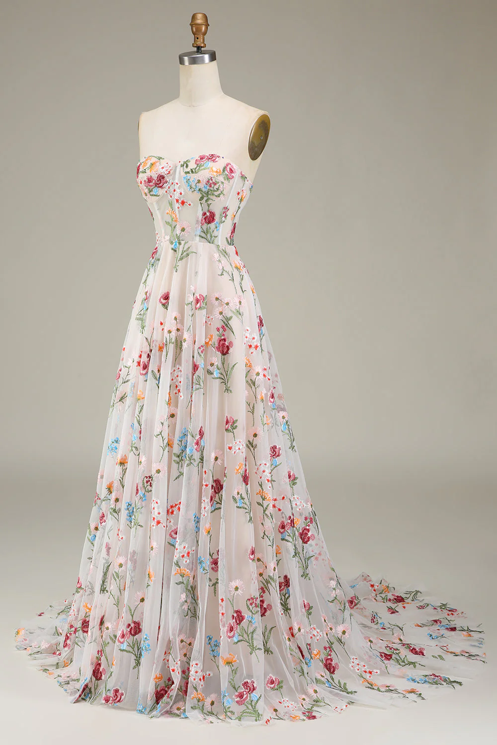 Robe de soirée longue en forme de A avec corset et fleurs - Image 3