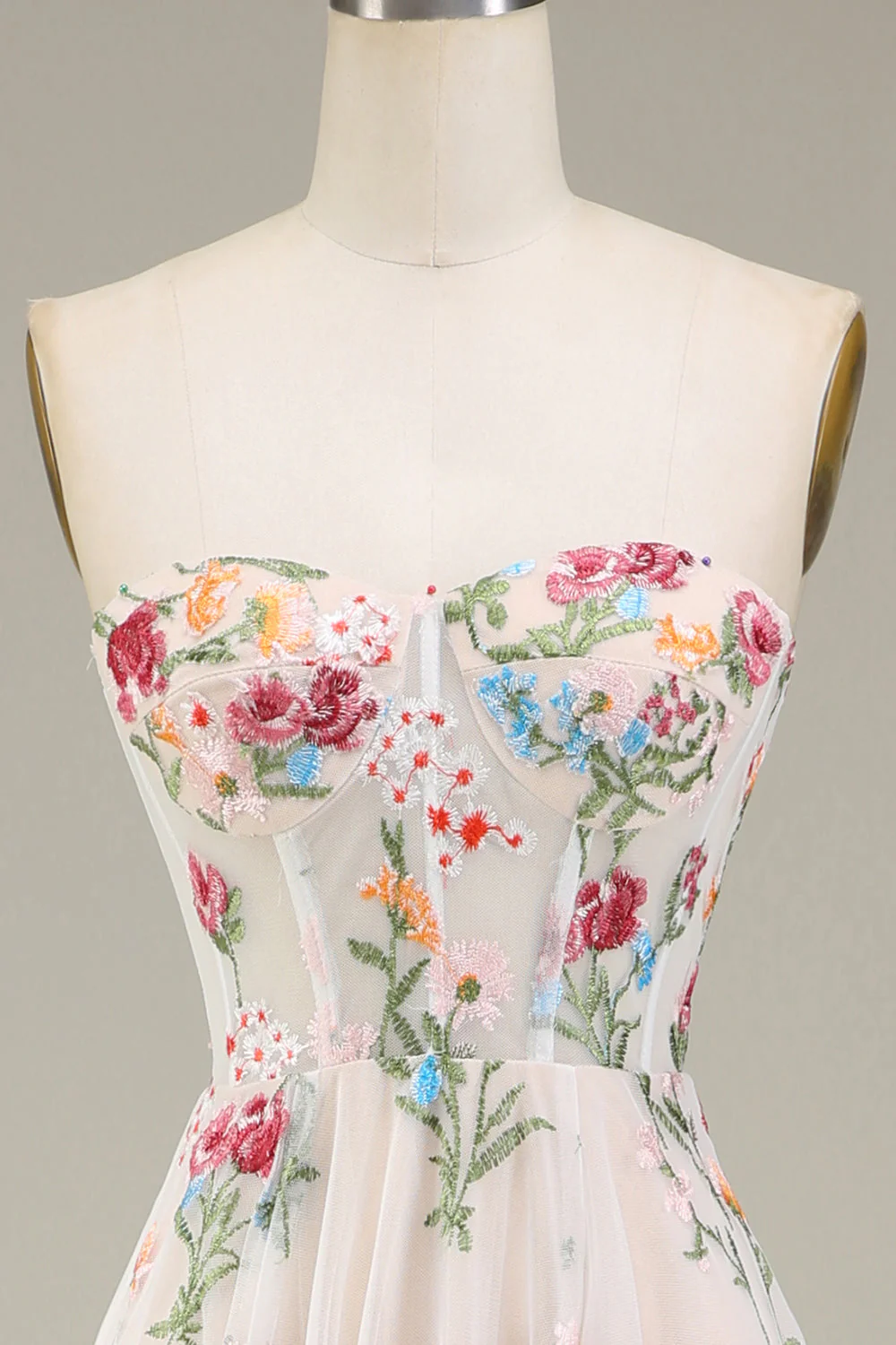 Robe de soirée longue en forme de A avec corset et fleurs - Image 4