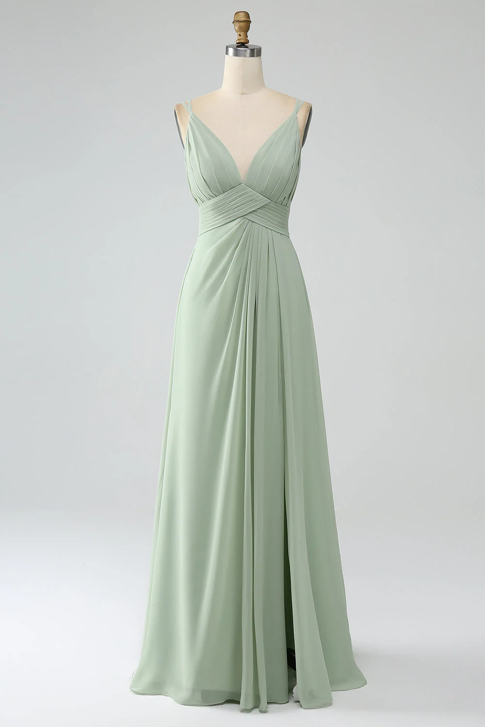 Robe de demoiselle d'honneur longue en mousseline de soie plissée ligne A couleur sauge poussiéreuse - Image 3