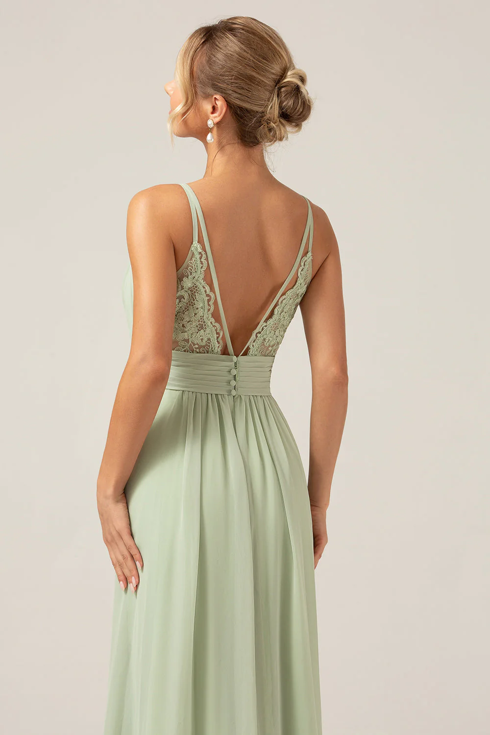 Robe de demoiselle d'honneur longue en mousseline de soie plissée ligne A couleur sauge poussiéreuse - Image 8