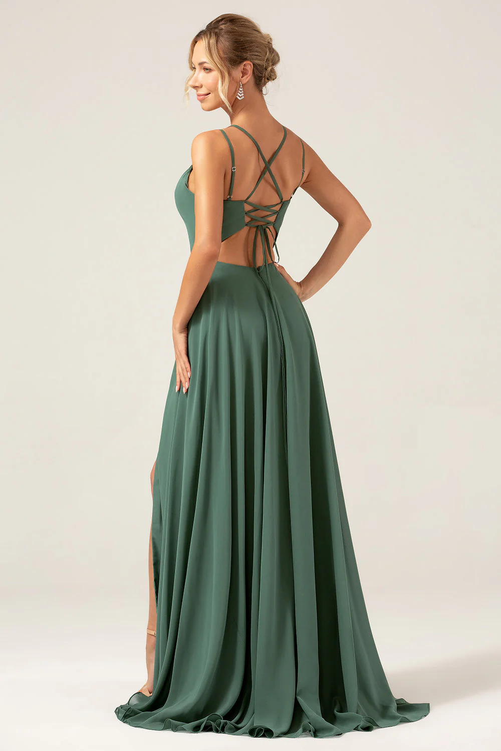 A-ligne Spaghetti Bretelles Dos Nu Plissé Eucalyptus Robe de demoiselle d’honneur - Image 2
