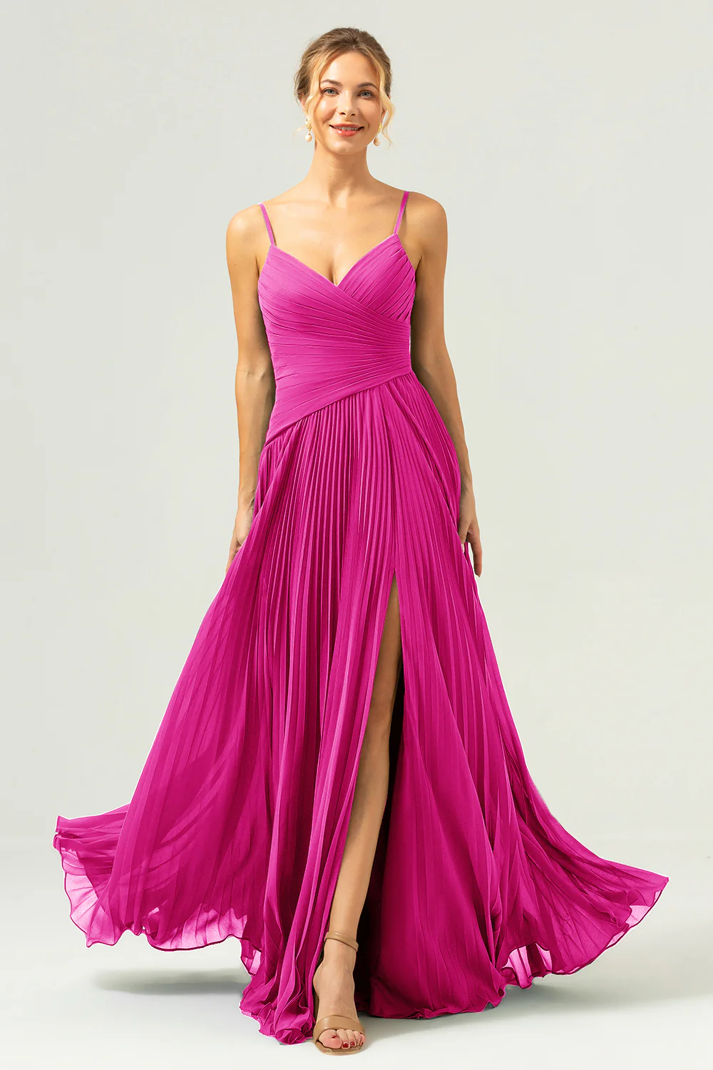 A-ligne spaghetti bretelles plissé mousseline de soie Lilas robe de demoiselle d’honneur avec fente - Image 11