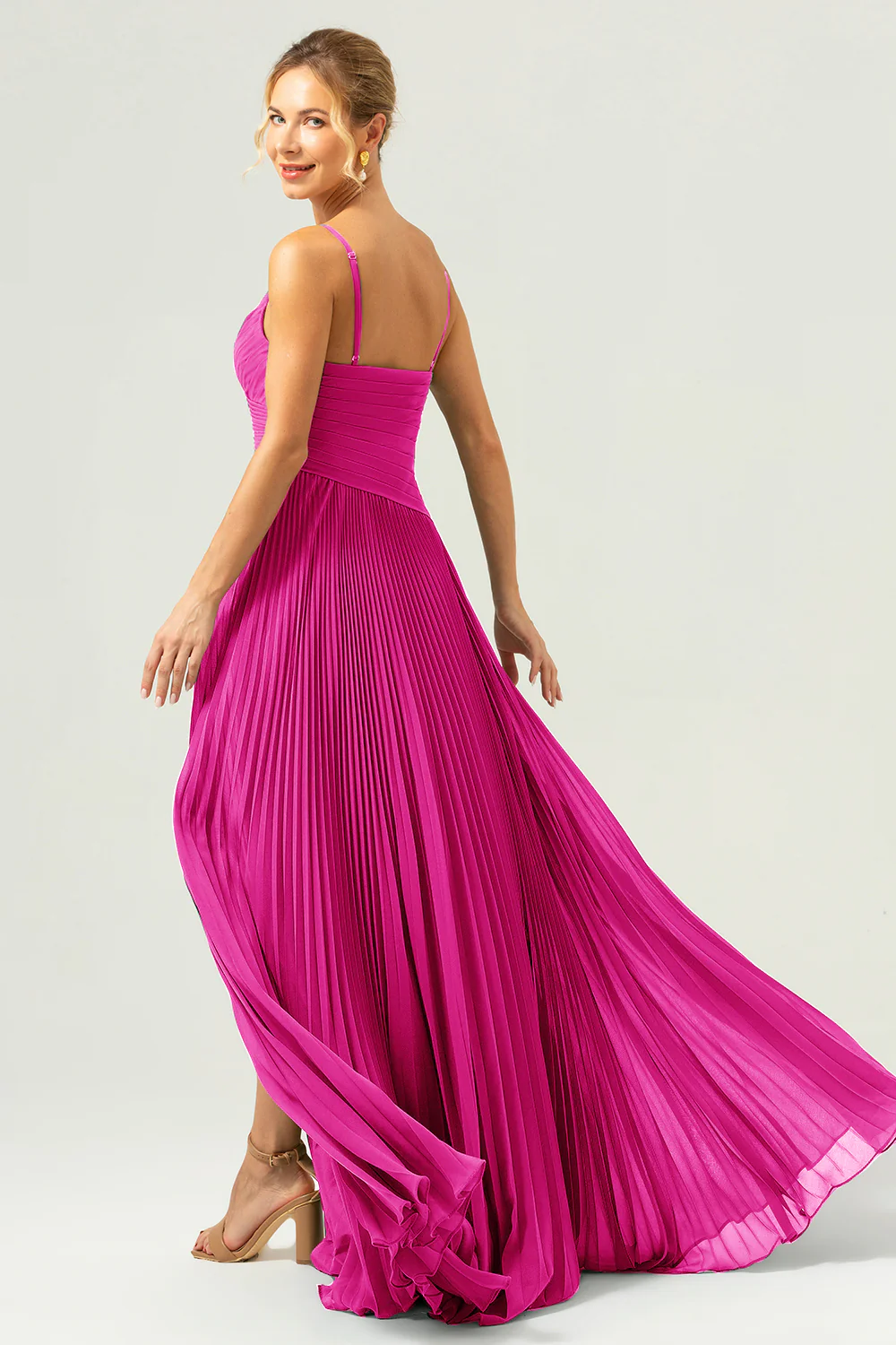 A-ligne spaghetti bretelles plissé mousseline de soie Lilas robe de demoiselle d’honneur avec fente - Image 12