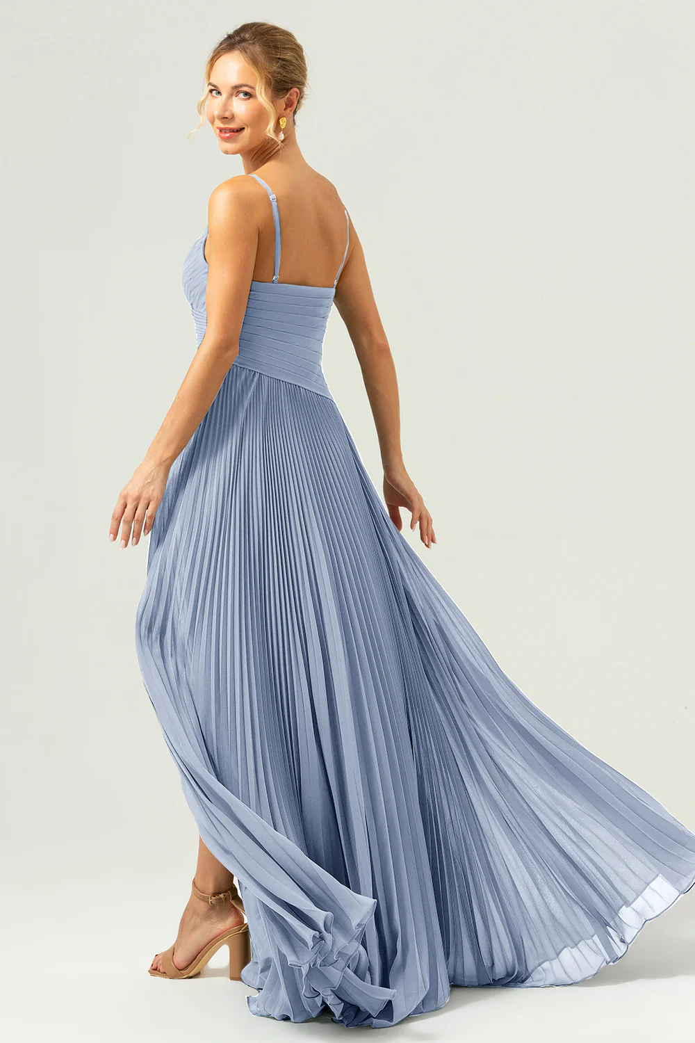 A-ligne spaghetti bretelles plissé mousseline de soie Lilas robe de demoiselle d’honneur avec fente - Image 14