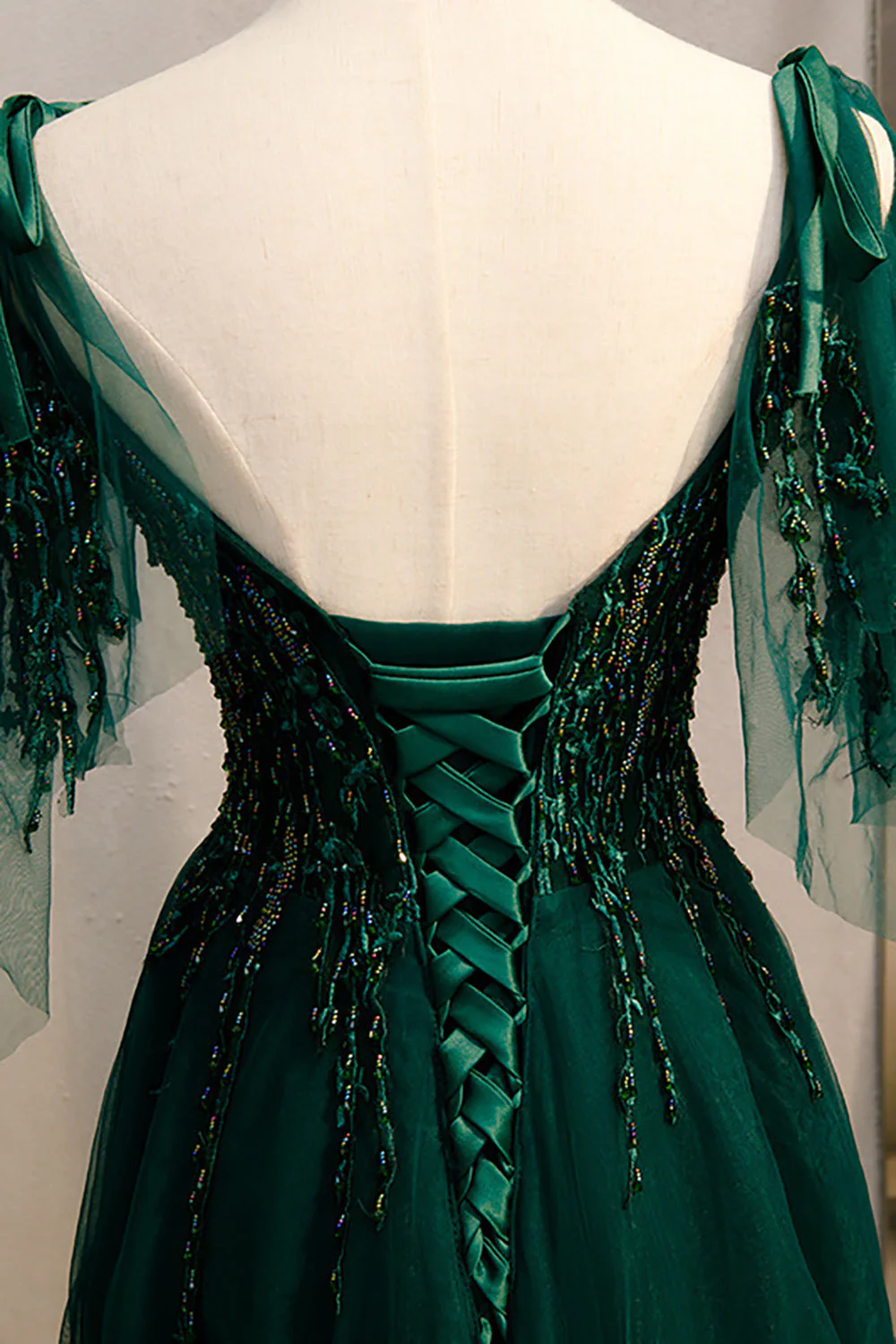 A-ligne Spaghetti Bretelles Robe de Soirée vert foncé avec perles - Image 4