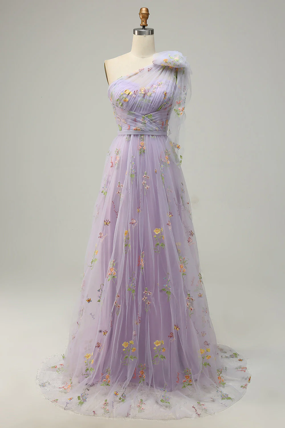 Robe de soirée longue A-ligne violette à une épaule avec broderie