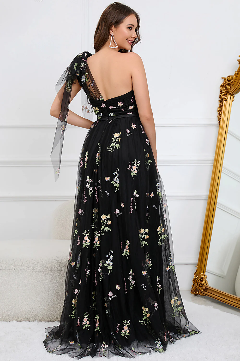 A-Line One Shoulder Black Long Bal Dress avec broderie - Image 2