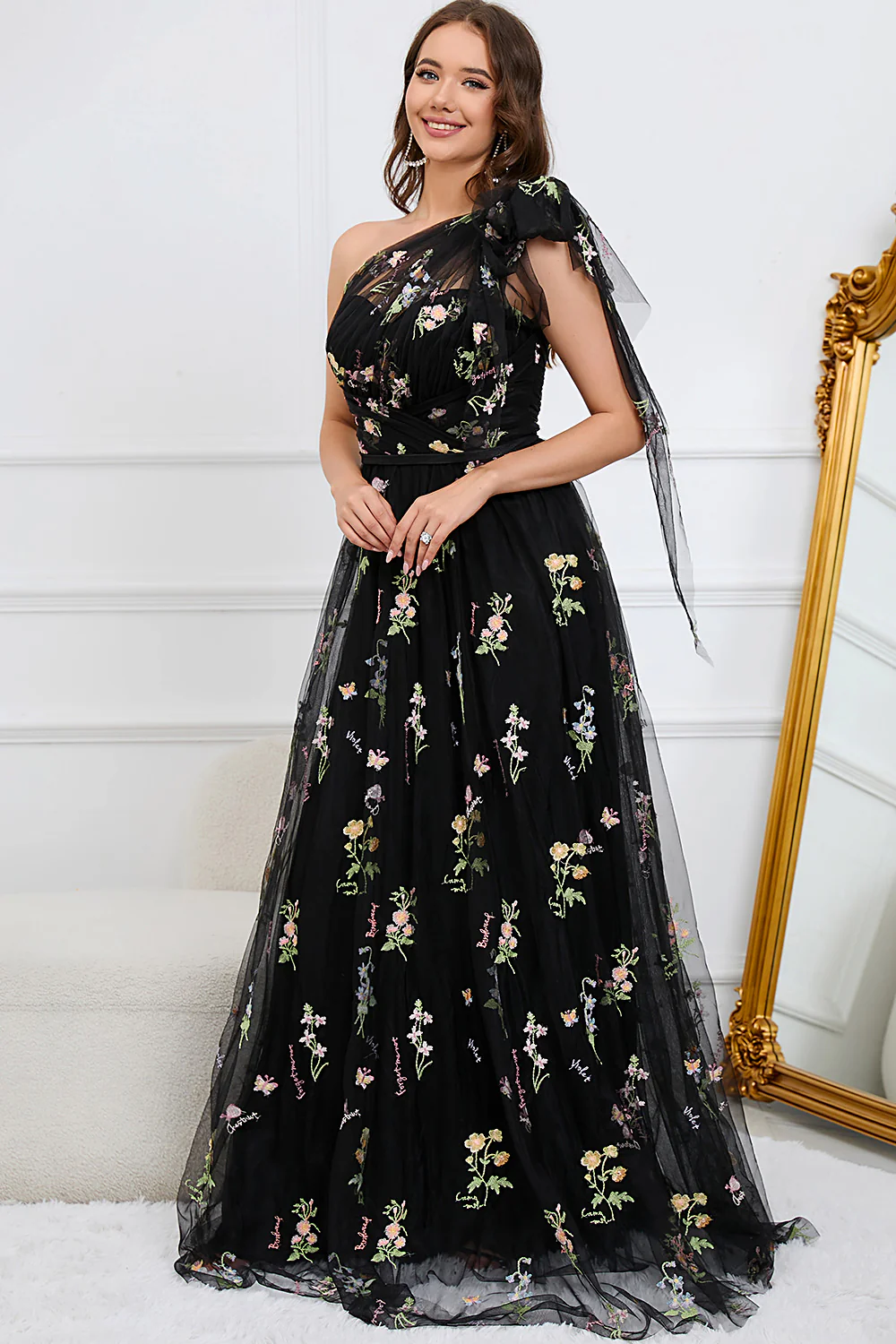 A-Line One Shoulder Black Long Bal Dress avec broderie - Image 6
