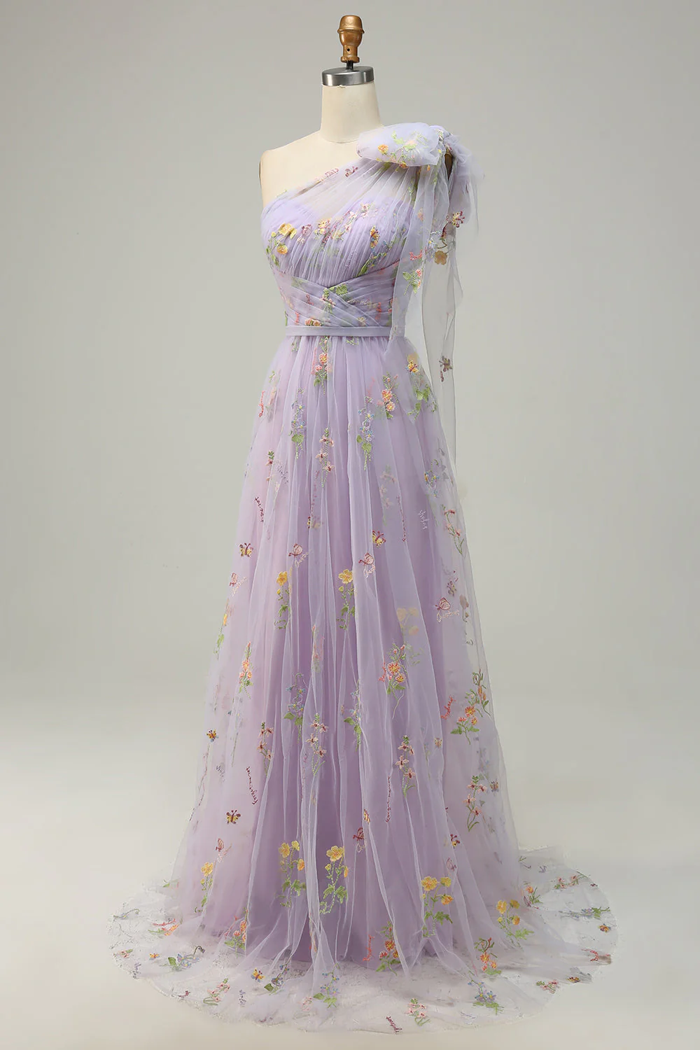 Robe de soirée longue A-ligne violette à une épaule avec broderie - Image 5