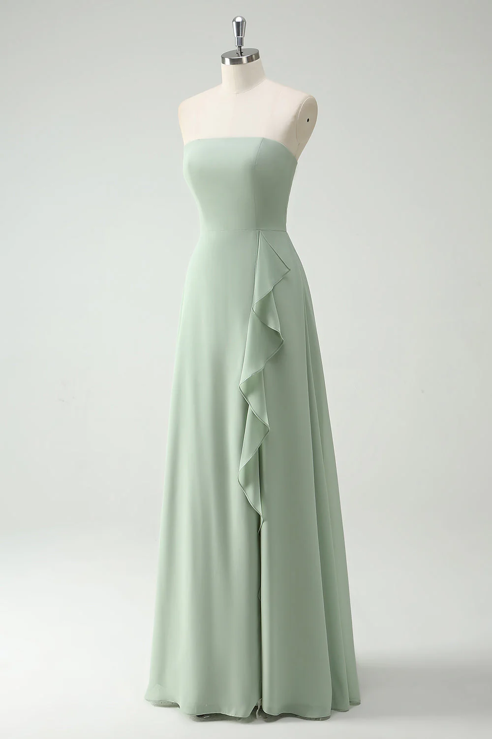 A Line Bustier Dusty Sage Longue Robe de demoiselle d’honneur avec fente à volants - Image 3