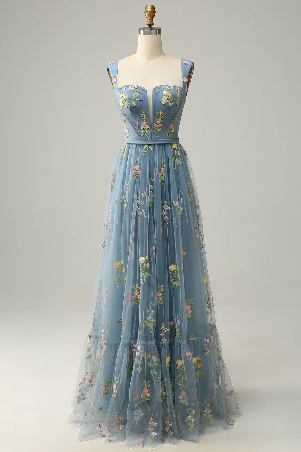 A-Line Col carré Gris Bleu Long soirée Robe avec Broderie