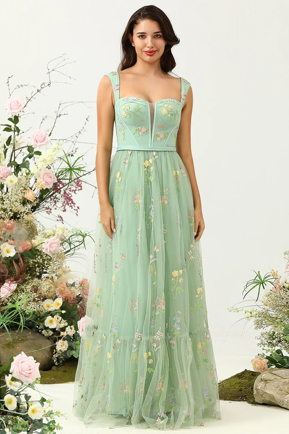 A-Line Col carré Vert Long soirée Robe avec Broderie - Image 3
