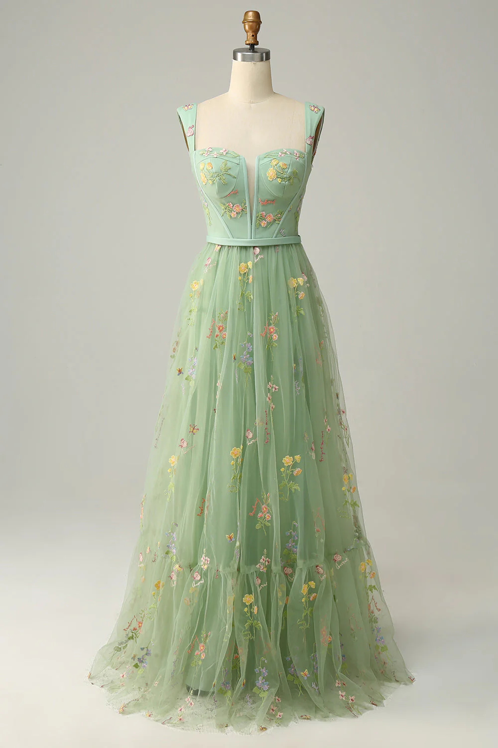 A-Line Col carré Gris Bleu Long soirée Robe avec Broderie - Image 7