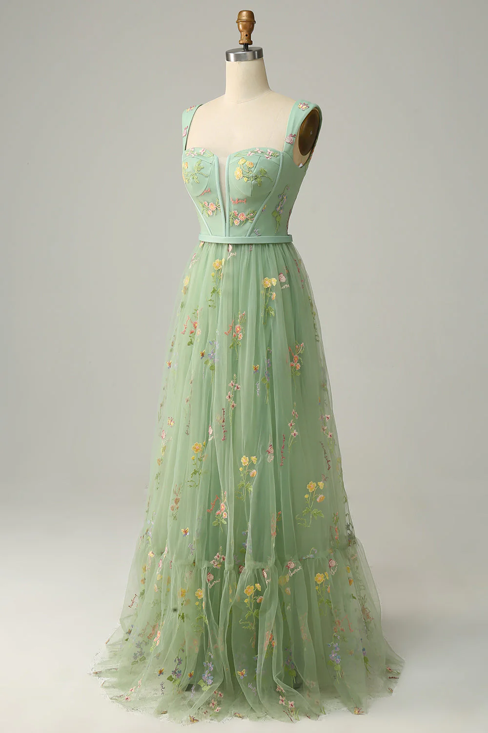 A-Line Col carré Gris Bleu Long soirée Robe avec Broderie - Image 9