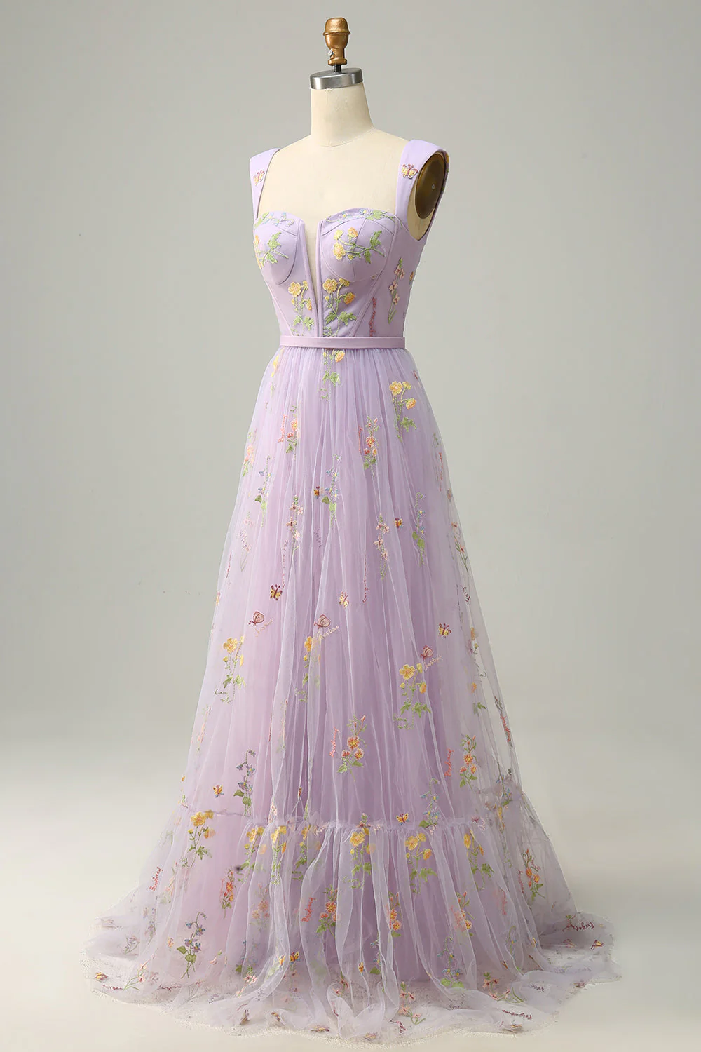 A-Line Col carré Violet Long Bal Robe avec Broderie - Image 3