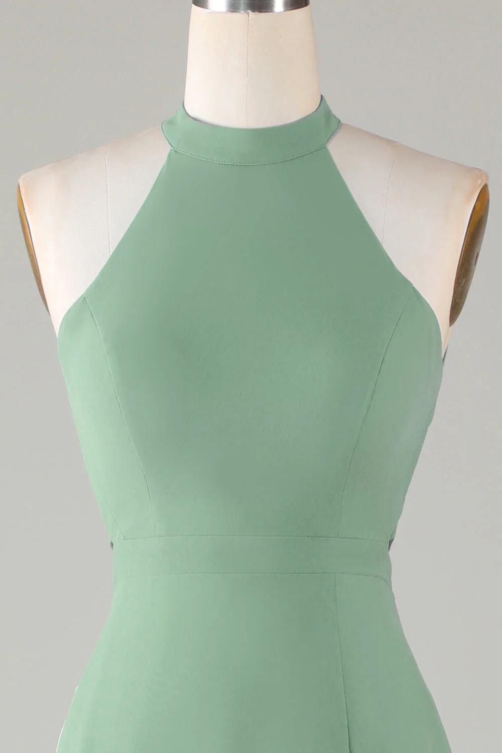 A-Line Halter Open Back Robe de demoiselle d’honneur matcha avec front fendu - Image 4
