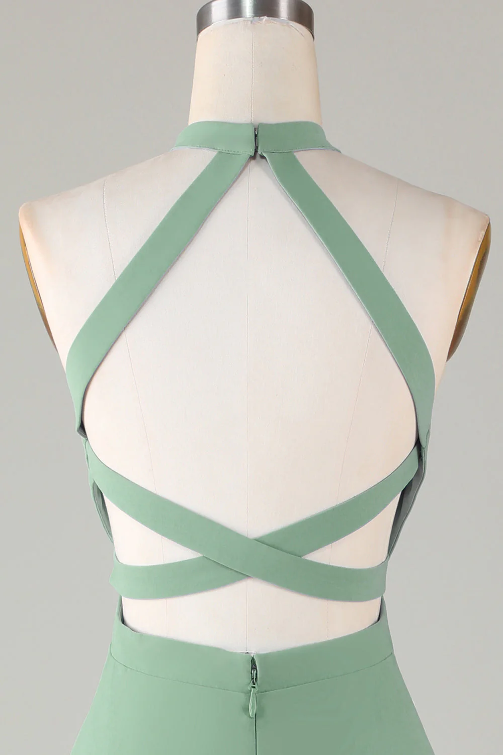A-Line Halter Open Back Robe de demoiselle d’honneur matcha avec front fendu - Image 5