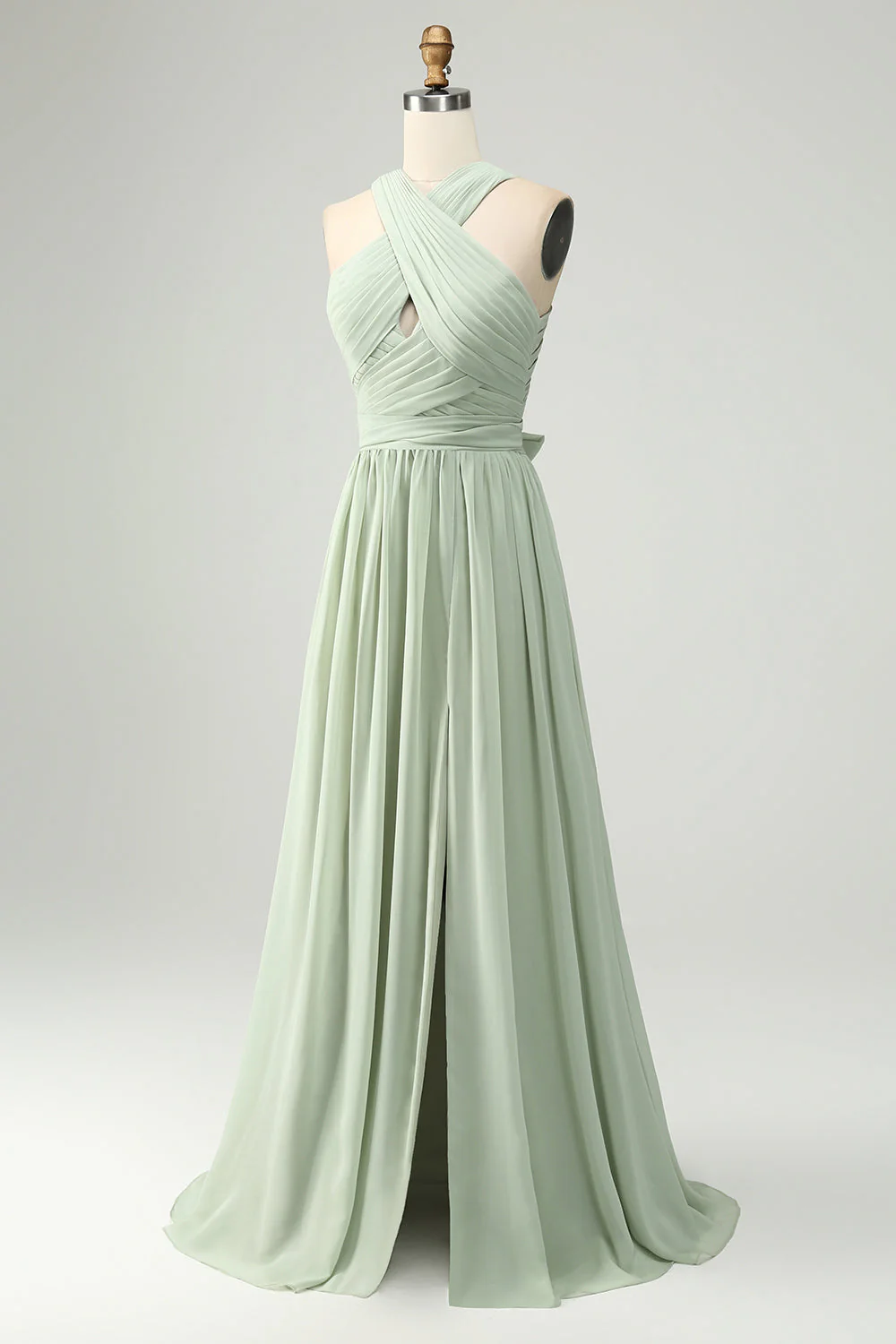 Robe de demoiselle d’honneur A-line vert sauge plissée à col halter avec fente - Image 5