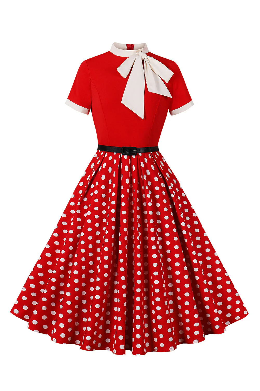A Line Noir à pois Robe à manches courtes des années 1950 avec ceinture - Image 4