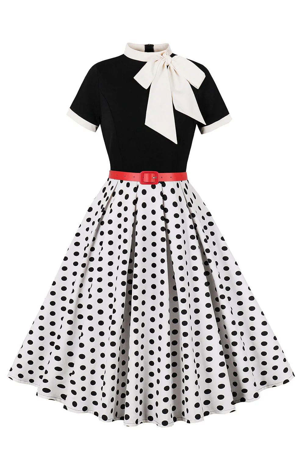 A Line Noir à pois Robe à manches courtes des années 1950 avec ceinture - Image 7