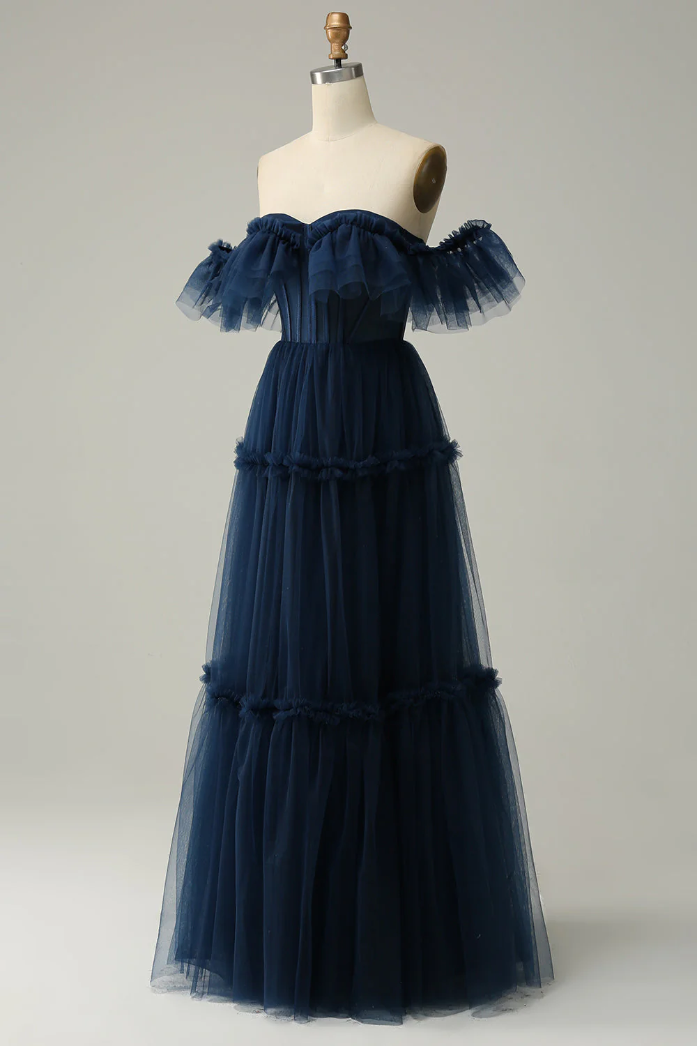 A-ligne hors de l'épaule sweetheart tulle bleu marine longue robe de soirée - Image 3