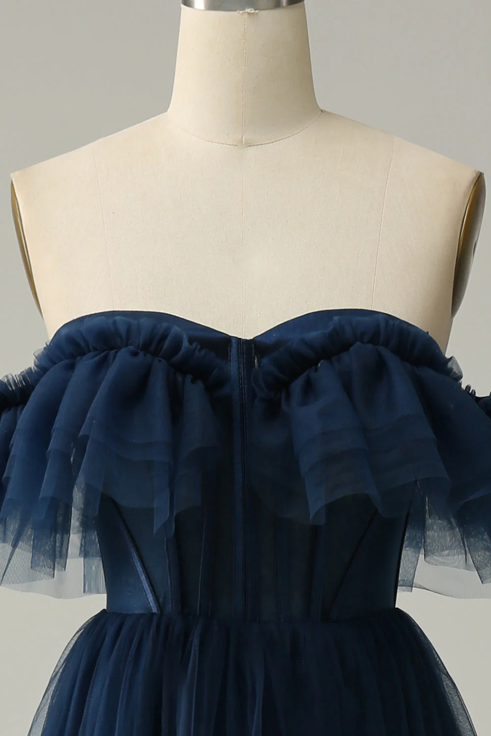 A-ligne hors de l'épaule sweetheart tulle bleu marine longue robe de soirée - Image 4