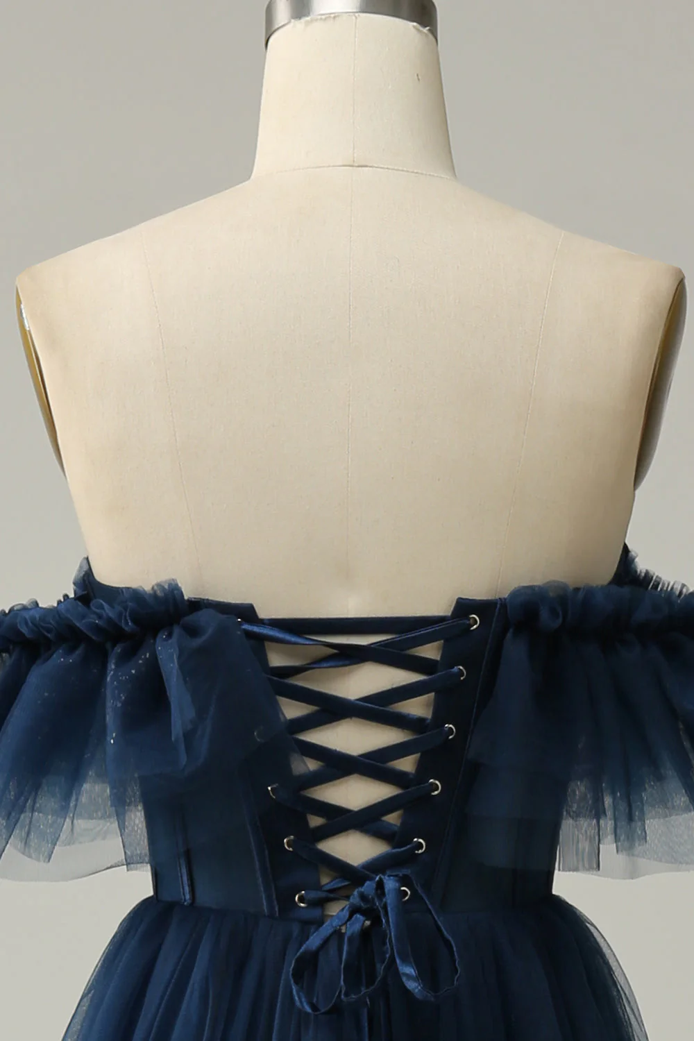 A-ligne hors de l'épaule sweetheart tulle bleu marine longue robe de soirée - Image 5