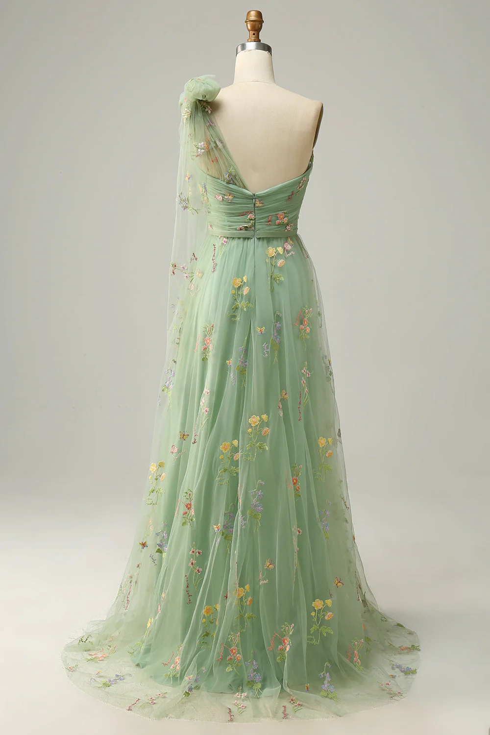 A-Line One Shoulder Green Long Bal Robe avec broderie - Image 2