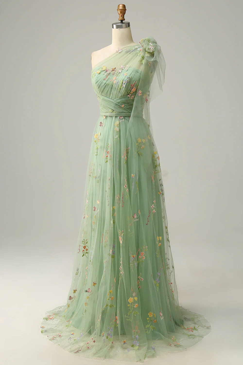 A-Line One Shoulder Green Long Bal Robe avec broderie - Image 3