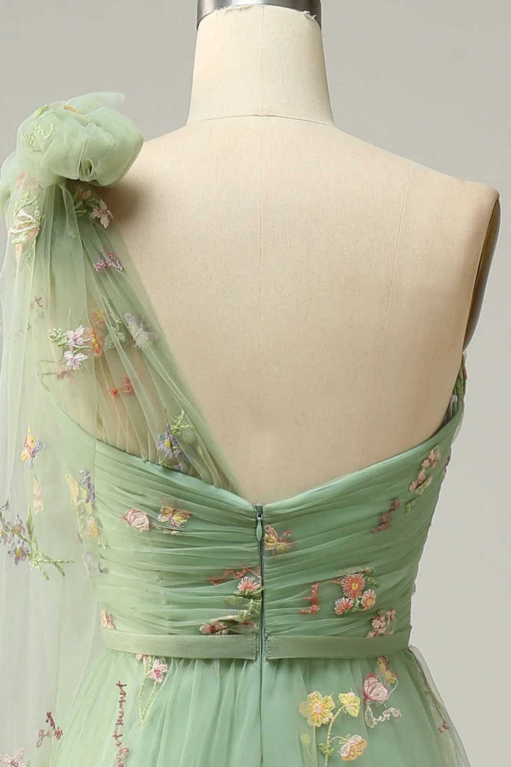 A-Line One Shoulder Green Long Bal Robe avec broderie - Image 5