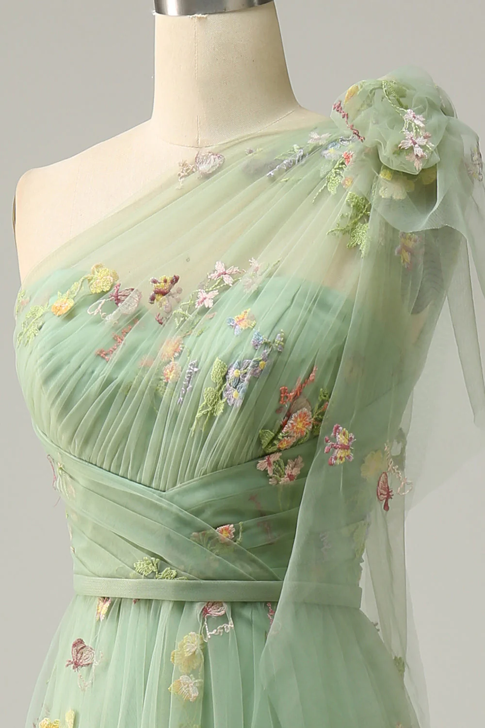 A-Line One Shoulder Green Long Bal Robe avec broderie - Image 6
