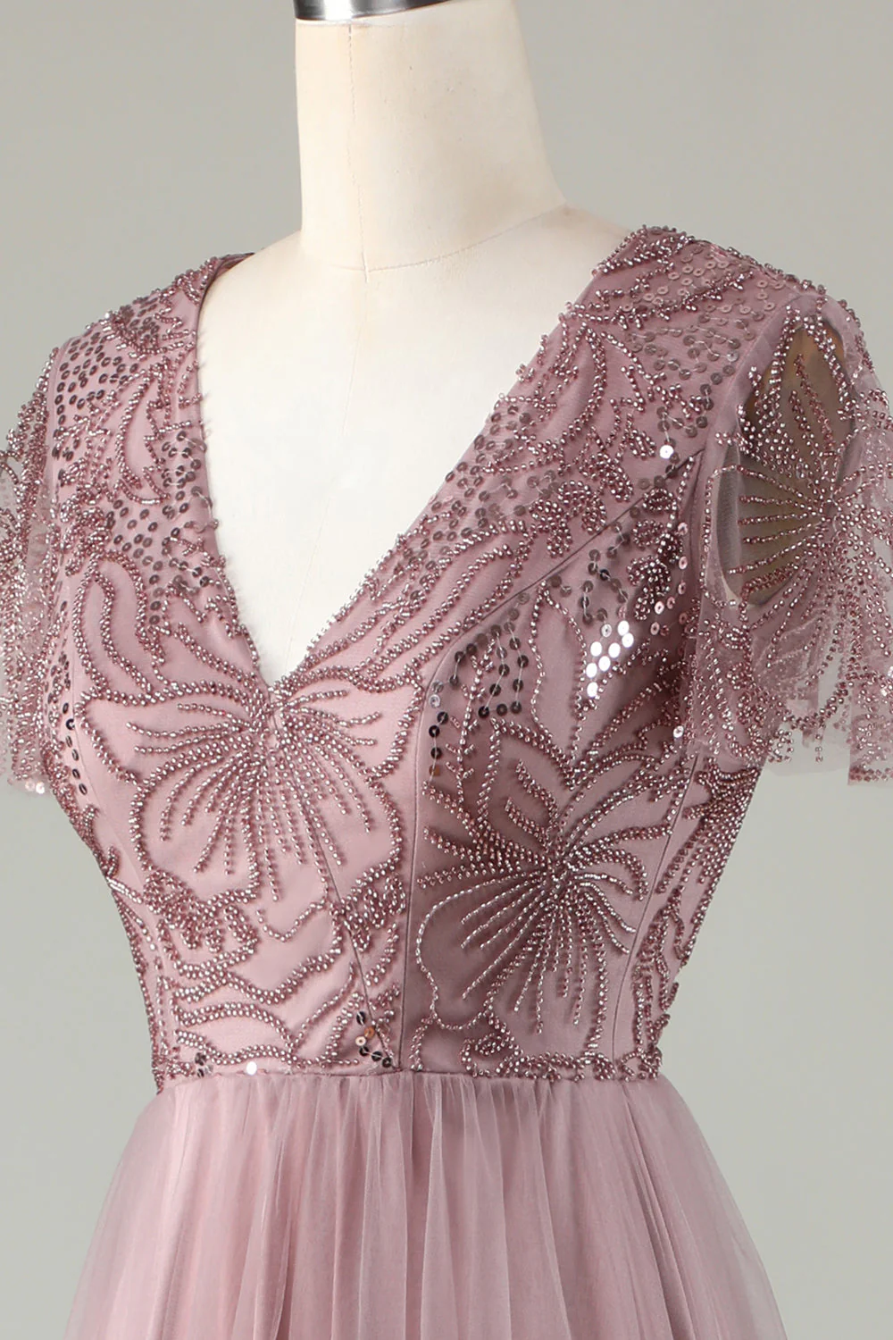 A-Line Robe de demoiselle d’honneur bleu poussiéreux avec perles - Image 12