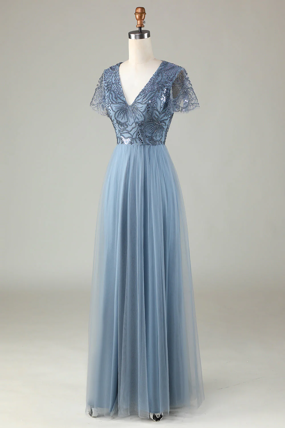 A-Line Robe de demoiselle d’honneur bleu poussiéreux avec perles - Image 3