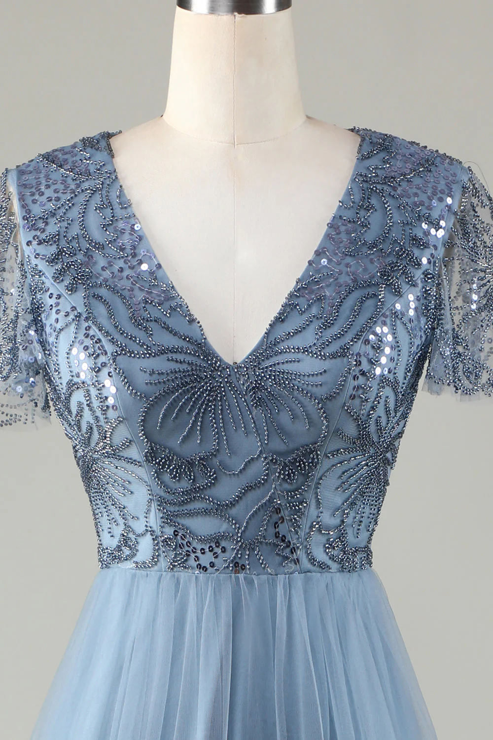 A-Line Robe de demoiselle d’honneur bleu poussiéreux avec perles - Image 4