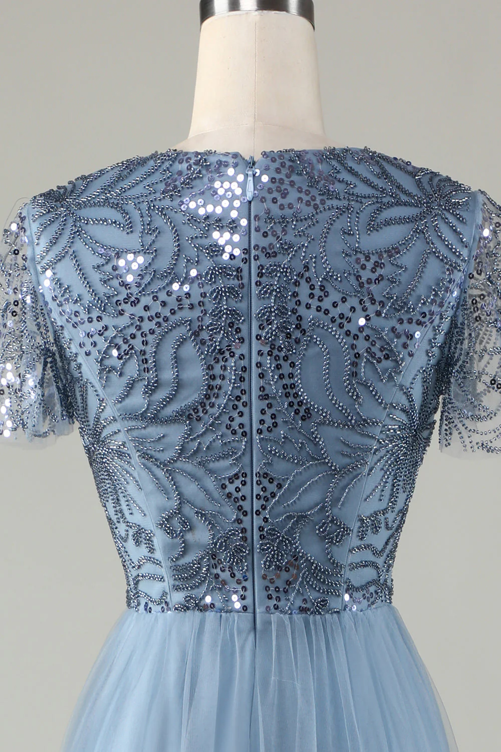 A-Line Robe de demoiselle d’honneur bleu poussiéreux avec perles - Image 5