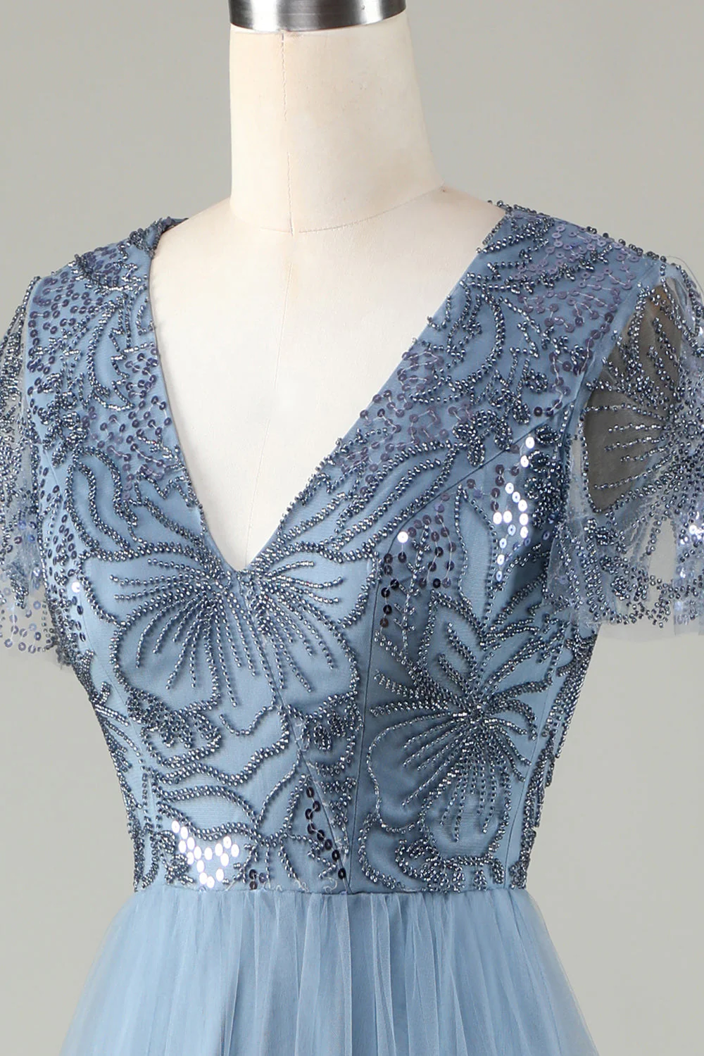 A-Line Robe de demoiselle d’honneur bleu poussiéreux avec perles - Image 6