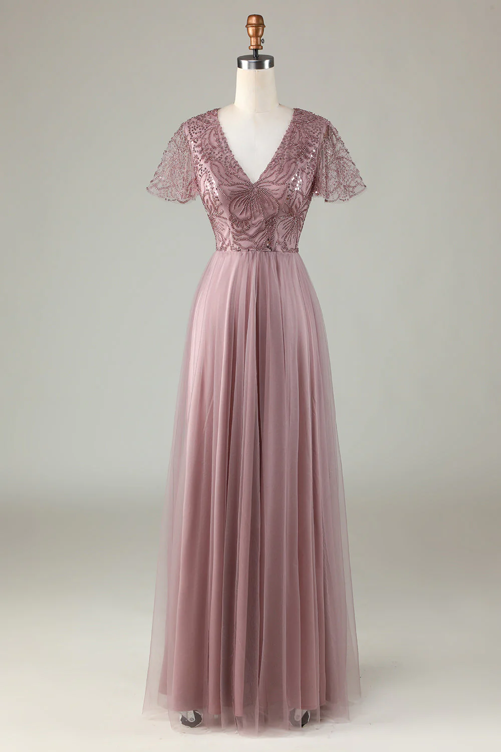 A-Line Robe de demoiselle d’honneur bleu poussiéreux avec perles - Image 7