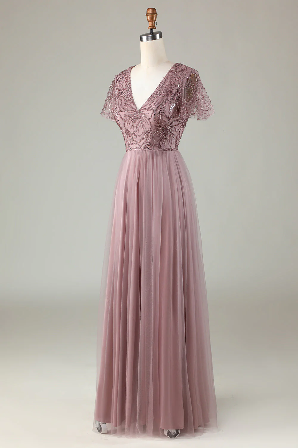 A-Line Robe de demoiselle d’honneur bleu poussiéreux avec perles - Image 9