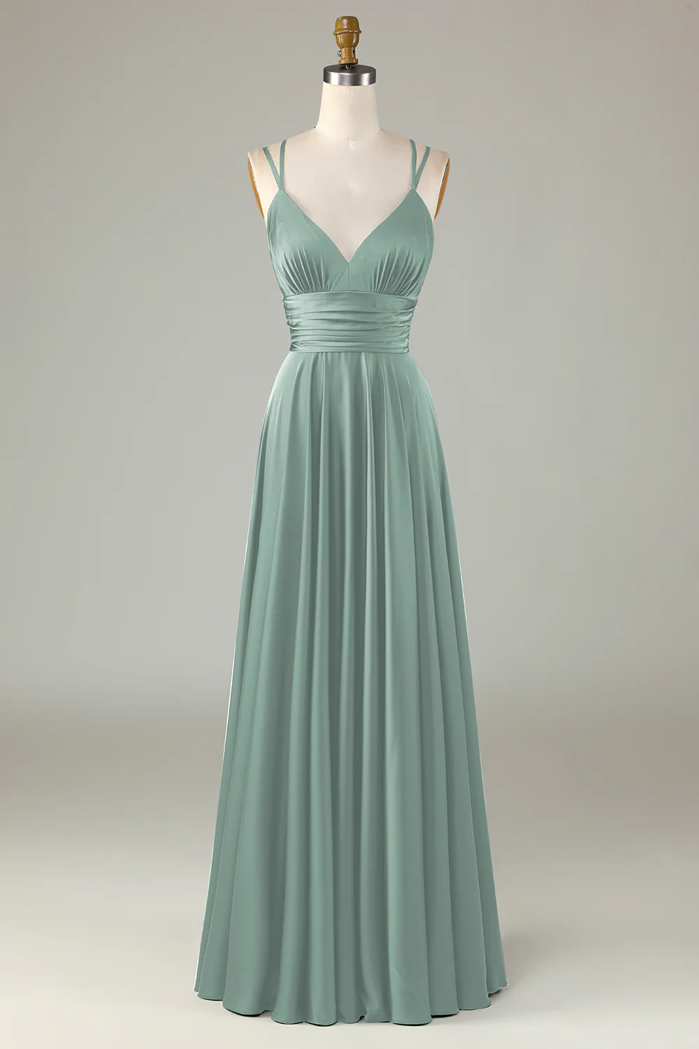 Robe de demoiselle d'honneur longue olive sans manches coupe trapèze - Image 14