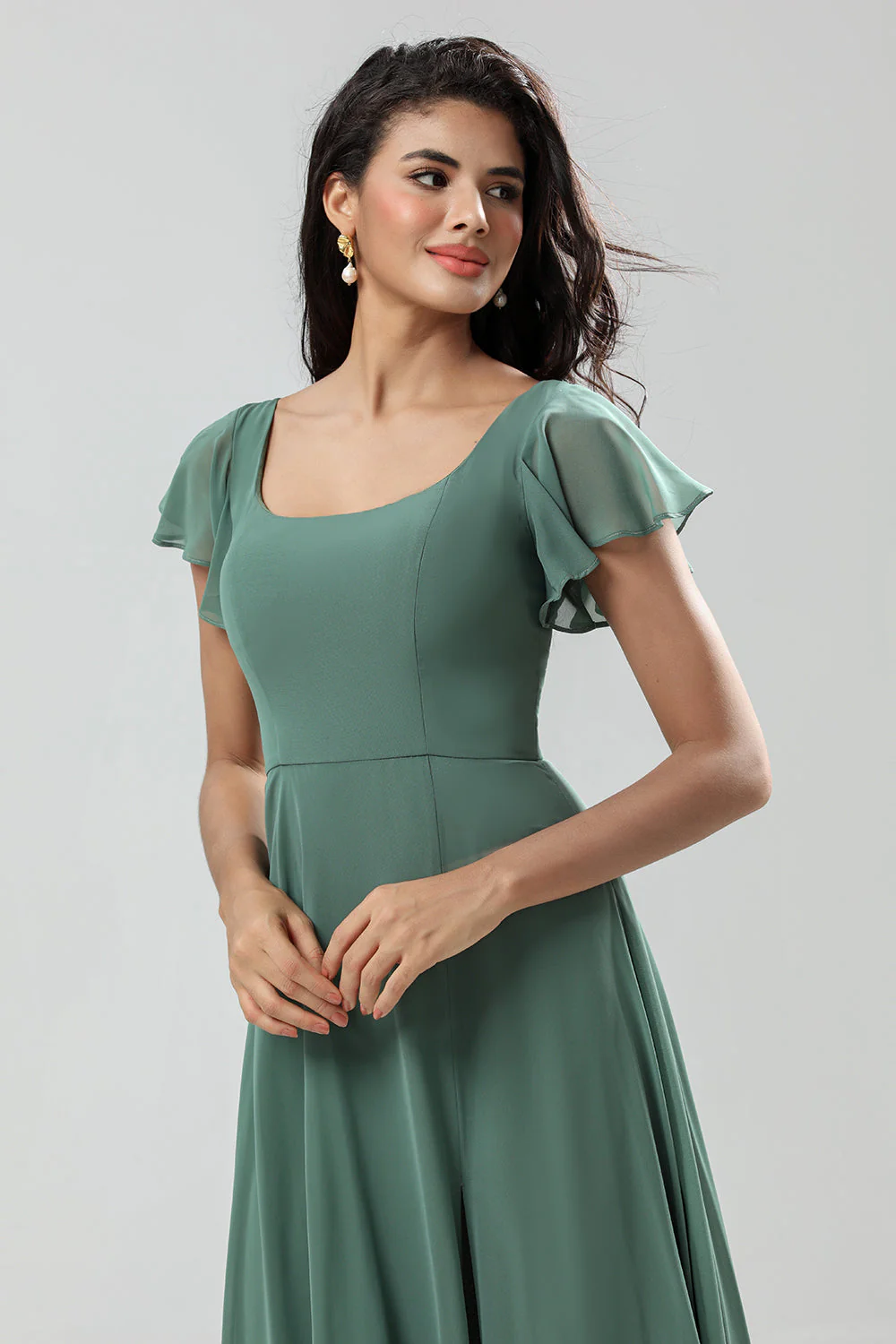 A-Line Robe de demoiselle d’honneur longue verte avec volants - Image 3